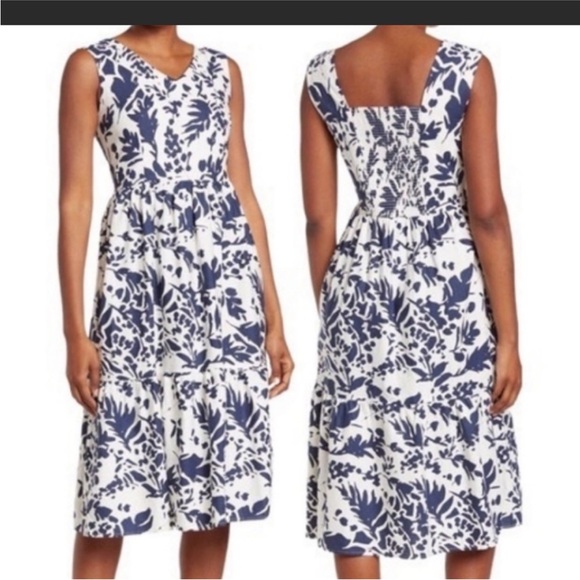 Magaschoni Floral Midi Linen blend dress w ruffled tier, elastic back in size 6. - Picture 1 of 11